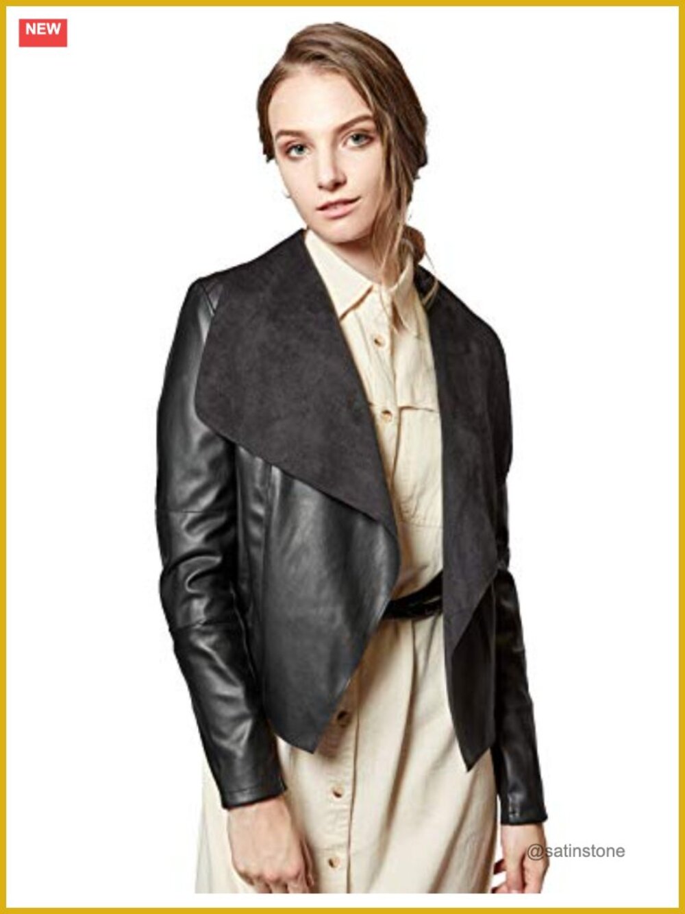 Faux Leather Jacket Slim Open Front Lapel Blazer with Pockets